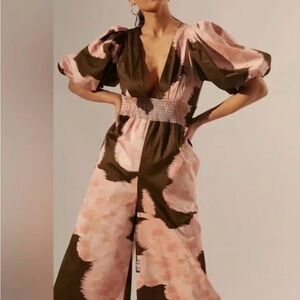 Anthropologie Pink and Brown Abstract Jumpsuit